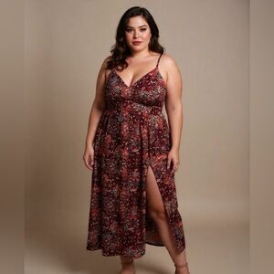 SHEIN Curve Boho Floral Paisley Slip Dress - 2XL - Rust Red